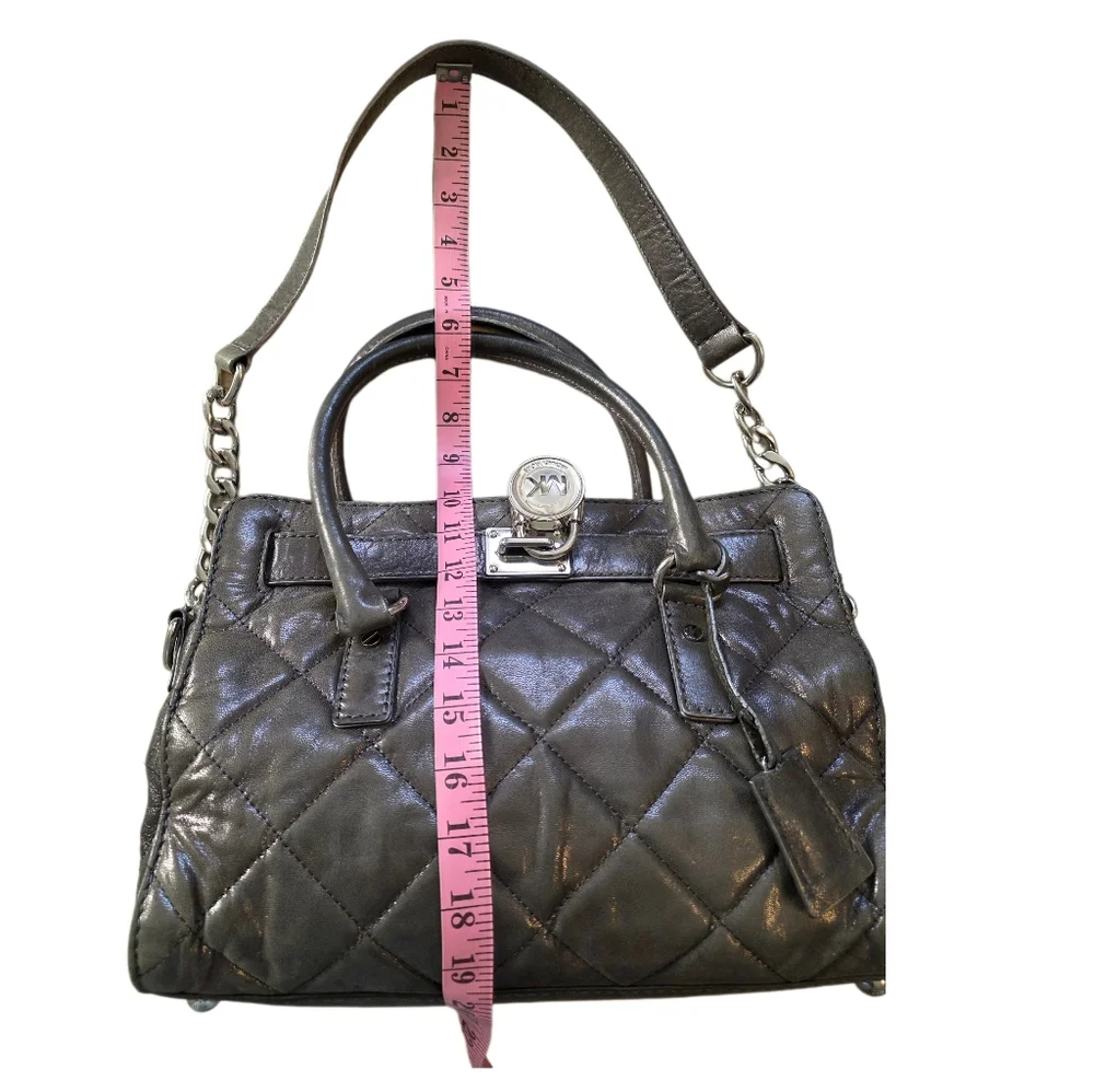 Michael Kors Hamilton Quilted Gun Metal Gray Leather Tote Shoulder Bag EUC